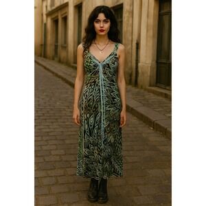 Fairy Whimsigoth‎ Peacock Feathers Halter Crochet Turquoise Blue S Maxi Dress
